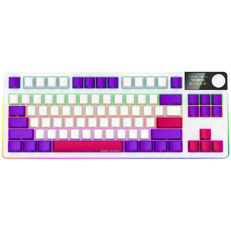 Mechaniczna klawiatura do gier Lorgar kbp70tklw rgb (biała, układ amerykański (qwerty), logar toksyczny fiolet, 80% (tkl), rgb, możliwość wymiany podczas pracy, podwójny strzał pbt, bluetooth | 2,4 ghz | usb)