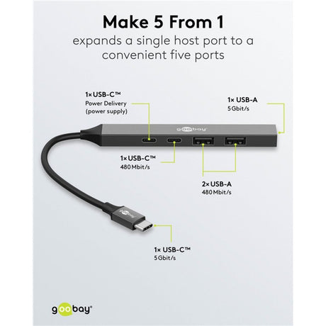 Goobay slim Hub USB z 5 portami, USB-C na USB-C USB-A, 5 Gbit s (jasnoszary)