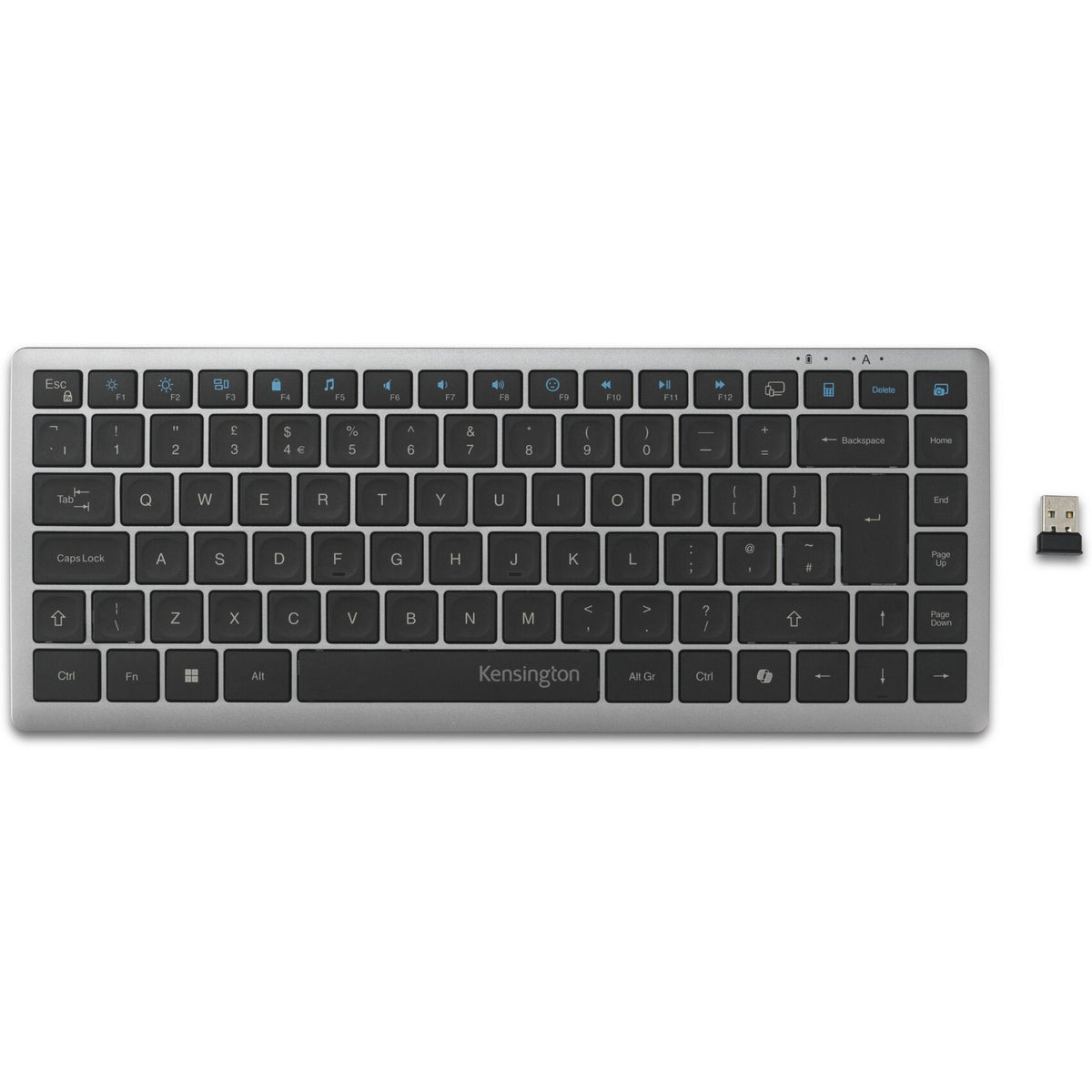 Kompaktowa klawiatura Kensington KB435 EQ z możliwością ładowania, do wielu urządzeń (szara, układ amerykański-międzynarodowy (QWERTY), przełączniki nożycowe, 80% (TKL), USB, 2,4 GHz, Bluetooth 5.4)
