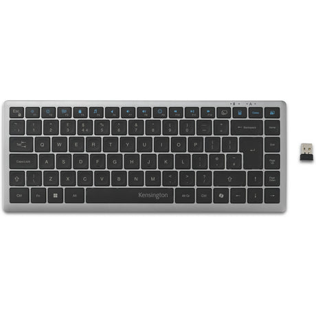 Kompaktowa klawiatura Kensington KB435 EQ z możliwością ładowania, do wielu urządzeń (szara, układ amerykański-międzynarodowy (QWERTY), przełączniki nożycowe, 80% (TKL), USB, 2,4 GHz, Bluetooth 5.4)
