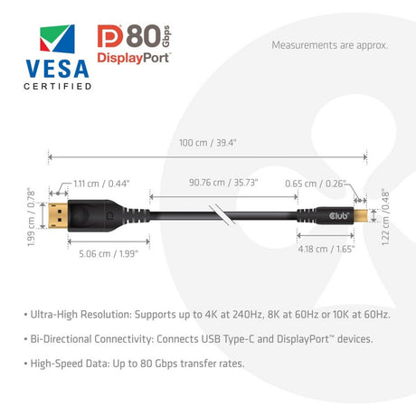 Dwukierunkowy adapter Club 3D USB-C na DisplayPort DP80 (czarny, 1 metr, certyfikat VESA)
