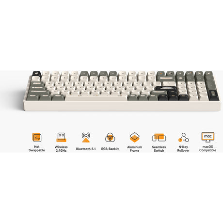 Bezprzewodowa klawiatura mechaniczna Iqunix F97 hitchhiker (szara, układ amerykański (qwerty), wiśniowy mx brązowy, 96%, diody rgb, hot-swap, pbt, 2,4 ghz | bluetooth 5.1 | usb-c)