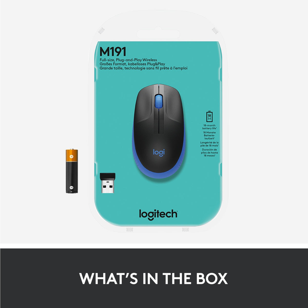 Pełnowymiarowa mysz bezprzewodowa Logitech m190 (niebieska, 1000 dpi)