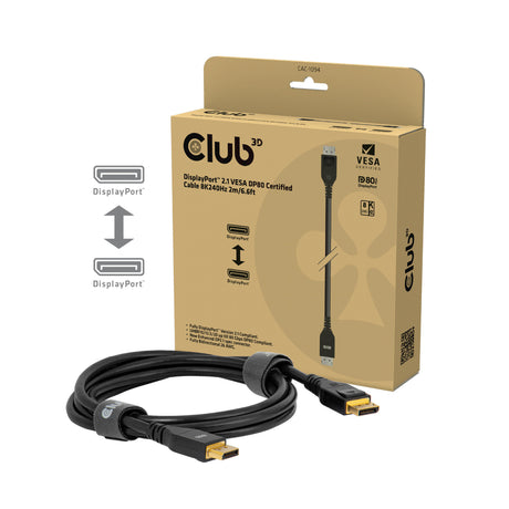 Kabel Displayport 2.1 Vesa DP80 z certyfikatem Club 3D (czarny, 2 metry, 8k 240hz, 10k 60hz, 80gbps)