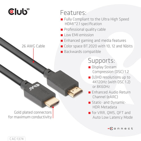 Kabel męsko-męski Club 3D ultra high speed HDMI 2.1 (czarny, 4 metry, 4K 120 Hz, 8K 60 Hz, 48 Gb/s)