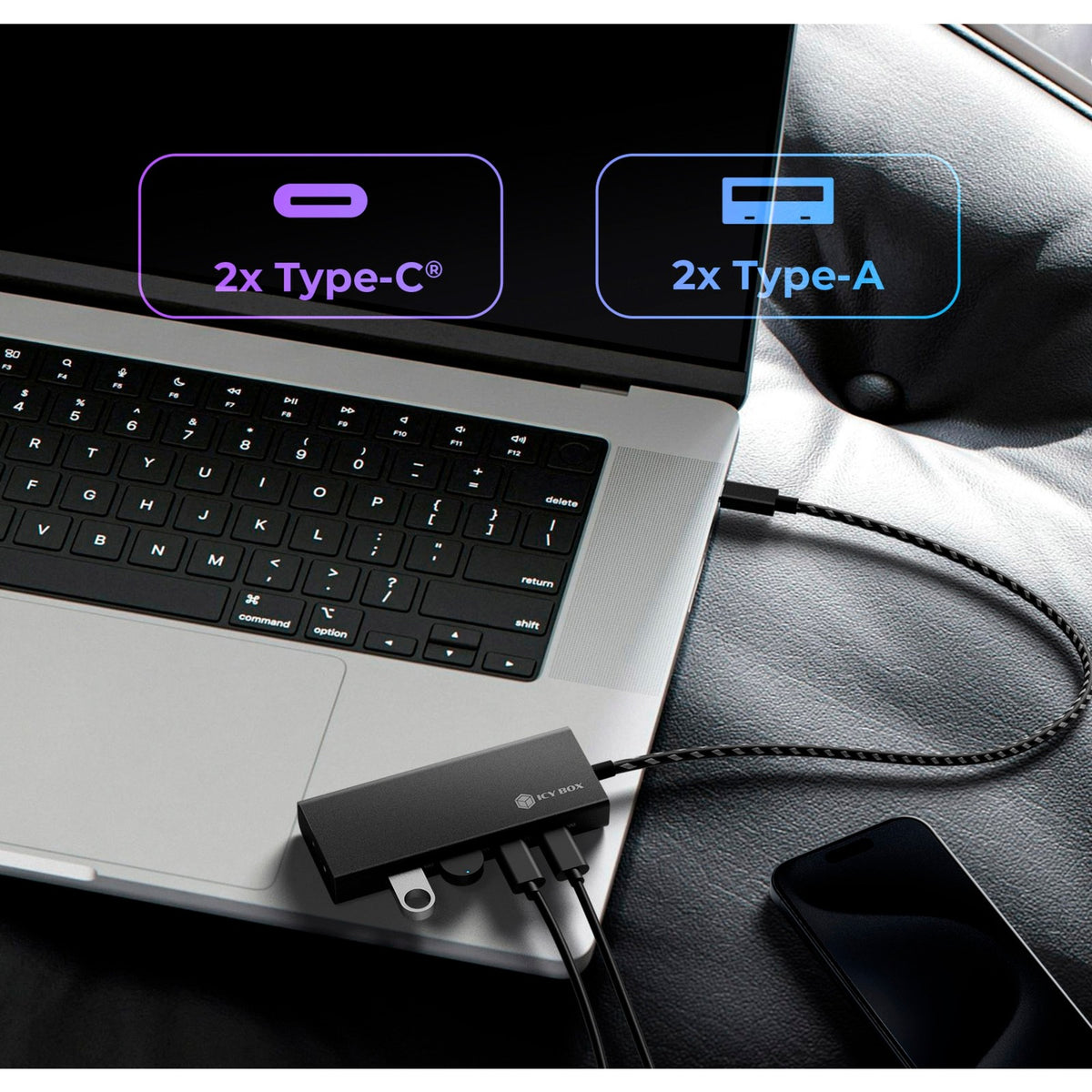 Icy box ib-hub1436-cpd koncentrator USB (czarny, 2x USB-A, 2x USB-C)