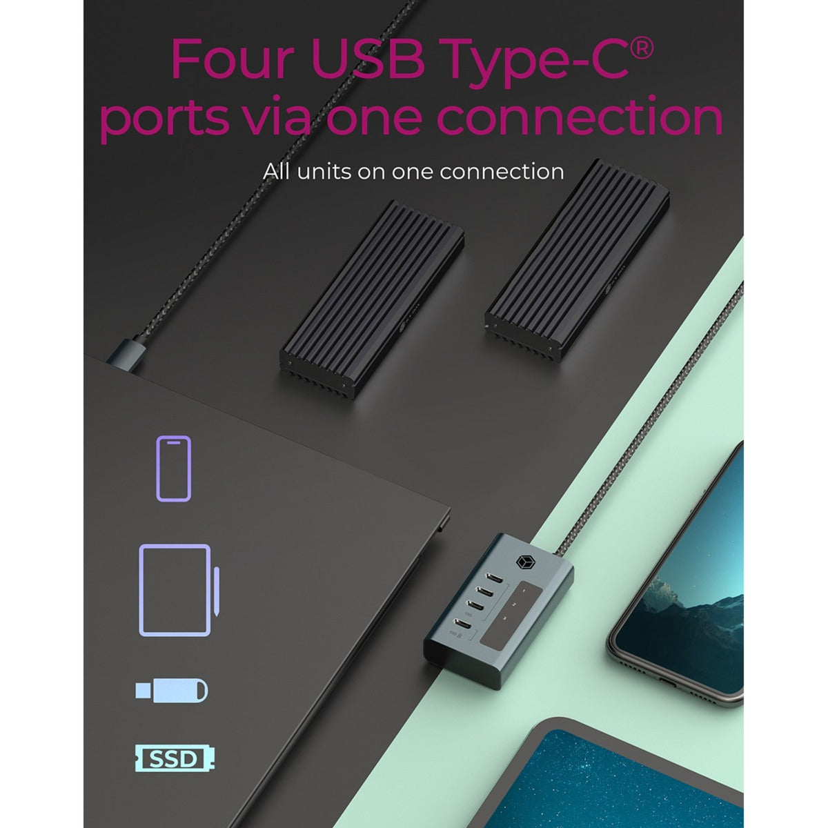 Icy box ib-hub1454-c31 Koncentrator USB (szary niebiesko-szary, 4x USB-C 3.2 (10 Gbit s))