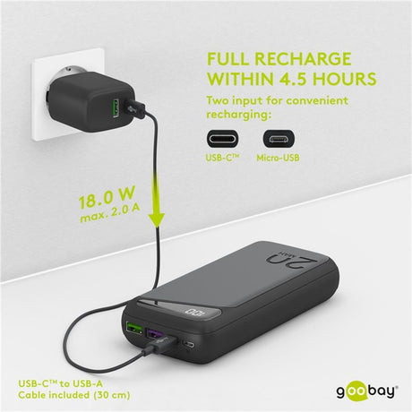 Power bank Goobay z szybkim ładowaniem 20 000 mAh - 74 Wh (czarny, USB-C PD, QC 3.0)