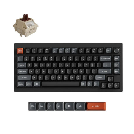 Bezprzewodowa, niestandardowa klawiatura mechaniczna Keychron v1 ultra 8k (czarna, układ amerykański (qwerty), jedwabny pom brązowy, 75%, rgb, hot swap, 2,4 GHz | bluetooth 5.3 | USB-C)