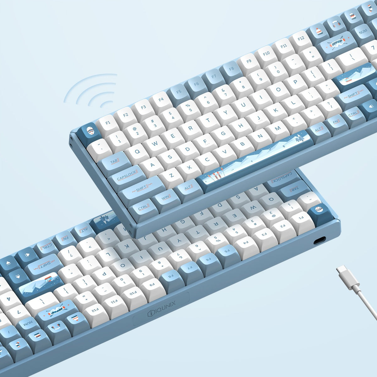 Bezprzewodowa klawiatura mechaniczna Iqunix F97 Wintertide (jasnoniebieski, układ US (QWERTY), Cherry MX Brown, 96%, diody LED RGB, możliwość wymiany podczas pracy, PBT, 2,4 GHz | Bluetooth 5.1 | USB-C)