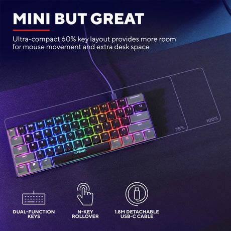 Trust GXT 867 Acira mini mechaniczna klawiatura do gier 60% (czarna, układ US (QWERTY), Outemu Red, 60%, RGB)
