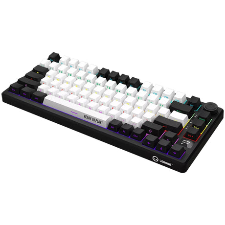 Mechaniczna klawiatura do gier Lorgar kbp7075w rgb (czarna, układ amerykański (qwerty), logar toksyczny fiolet, 75%, rgb, możliwość wymiany podczas pracy, podwójny strzał pbt, bluetooth | 2,4 GHz | usb)