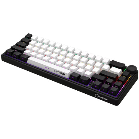 Mechaniczna klawiatura do gier Lorgar kbp70mw rgb (czarna, układ amerykański (qwerty), logar toksyczny fiolet, 65%, rgb, możliwość wymiany podczas pracy, podwójny strzał pbt, bluetooth | 2,4 GHz | usb)