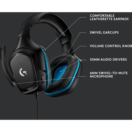 Przewodowy nauszny zestaw słuchawkowy do gier Logitech G432 7.1 z dźwiękiem przestrzennym (czarny niebieski, PC, Playstation 4, Playstation 5, Xbox One, Xbox Series X|S, Nintendo Switch)