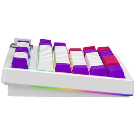 Mechaniczna klawiatura do gier Lorgar kbp70tklw rgb (biała, układ amerykański (qwerty), logar toksyczny fiolet, 80% (tkl), rgb, możliwość wymiany podczas pracy, podwójny strzał pbt, bluetooth | 2,4 ghz | usb)