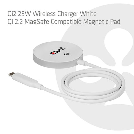 Club 3d cac-3026 qi2 25w draadloze oplader (wit, 1x usb-c, qi-gecertificeerd, magsafe-compatibel, magnetisch pad)