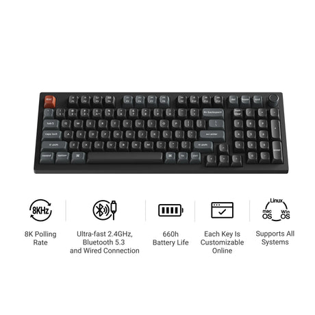 Bezprzewodowa, niestandardowa klawiatura mechaniczna Keychron v5 ultra 8k (czarna, układ amerykański (qwerty), jedwabny pom czerwony, 96%, rgb, hot swap, 2,4 GHz | bluetooth 5.3 | USB-C)