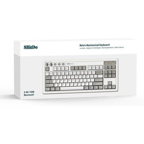 Klawiatura mechaniczna 8bitdo retro m edycja (szara, układ us (qwerty), kailh box biała, 80% (tkl), bluetooth low Energy, bezprzewodowa 2.4g, USB)
