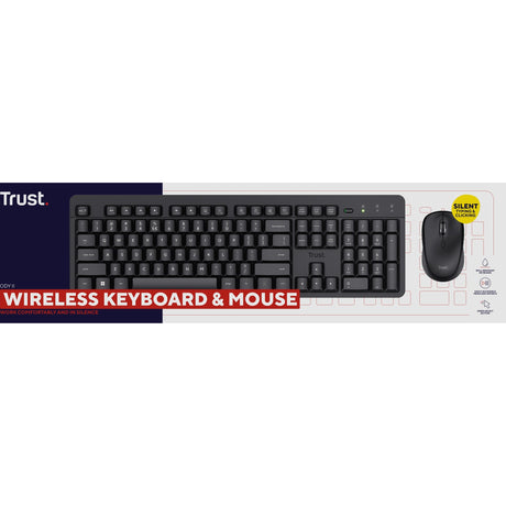 Zestaw stacjonarny z bezprzewodową klawiaturą i myszą Trust Ody II Silent (czarny, układ US (QWERTY), membrana, 100%, 800 dpi - 1600 dpi)