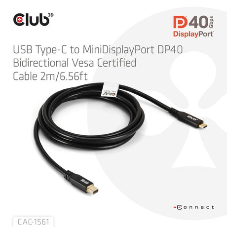 Dwukierunkowy adapter Club 3D z USB-C na Mini DisplayPort DP40 (czarny, 2 metry, certyfikat Vesa)
