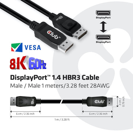 Kabel Club 3D DisplayPort 1.4 Vesa z certyfikatem męsko-męskim (czarny, 1 metr, 8K 60 Hz lub 2x 4K 60 Hz, 32,4 Gb/s)