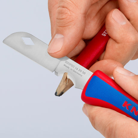 Scyzoryk dla elektryka Knipex 16 20 50 sb (czerwony niebieski, długość 120mm)