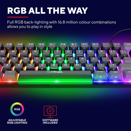 Trust GXT 867 Acira mini mechaniczna klawiatura do gier 60% (czarna, układ US (QWERTY), Outemu Red, 60%, RGB)