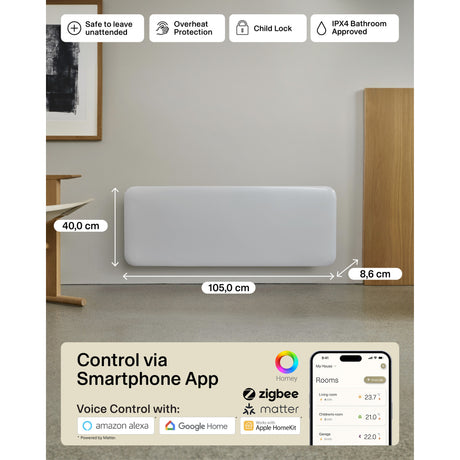 Grzejnik panelowy Wi-Fi ze stali młynowej pa1300wifi4, konwektor 1300 W (biały, Wi-Fi 2,4 GHz (WiFi 6), Bluetooth 5.2, Zigbee 3.0 + aplikacja)
