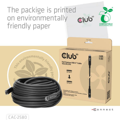W pełni funkcjonalny kabel Club 3D USB-C, 15 m (czarny, 8k60hz 10gbps 60w)