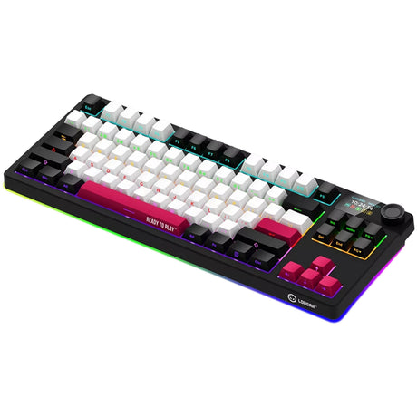 Mechaniczna klawiatura do gier Lorgar kbp70tklw rgb (czarna, układ amerykański (qwerty), logar toksyczny fioletowy, 80% (tkl), rgb, z możliwością wymiany podczas pracy, podwójny strzał pbt, bluetooth | 2,4 ghz | usb)