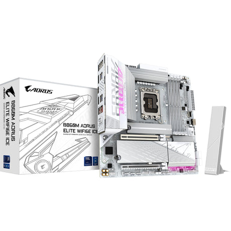 Płyta główna Gigabyte B860M Aorus Elite WiFi6E Ice Socket 1851 (srebrno-biała, RAID, 2,5 GB-LAN, Wi-Fi 7, BT, dźwięk, µATX)