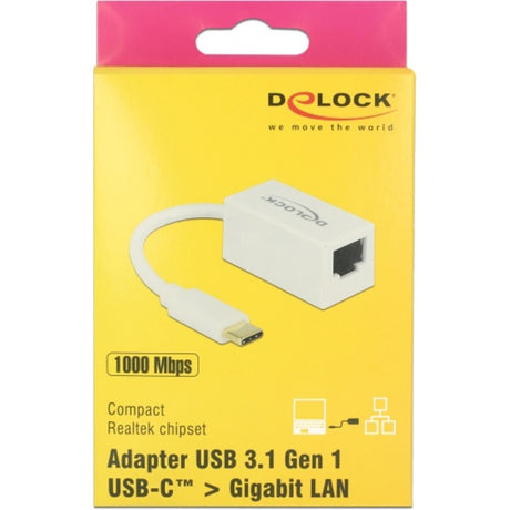 Delock superspeed USB-C (USB 3.1 gen 1) męski > kompaktowy adapter gigabit LAN 10 100 1000 Mbps (biały, 0,135 m)