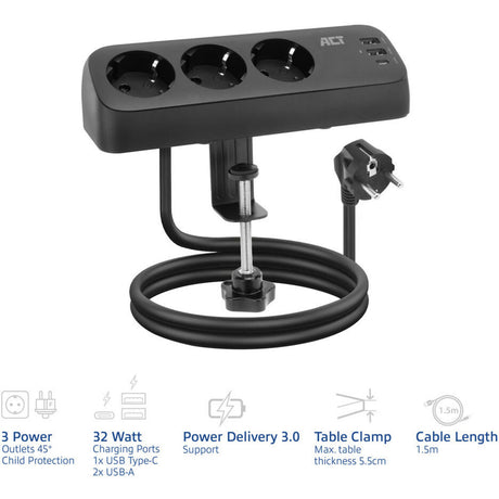 Act connectivity act stekkerdoos met 3 type-f stopcontacten, 30w power delivery, usb type-c a poorten, kabellengte 1,5 meter ac2480
