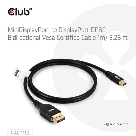 Dwukierunkowy adapter Club 3D Mini DisplayPort na DisplayPort DP80 (czarny, 1 metr, certyfikat Vesa)