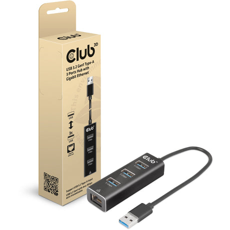 Club 3D USB-A 3.2 Gen1, 3-portowy koncentrator ze stacją dokującą Gigabit Ethernet (czarny)