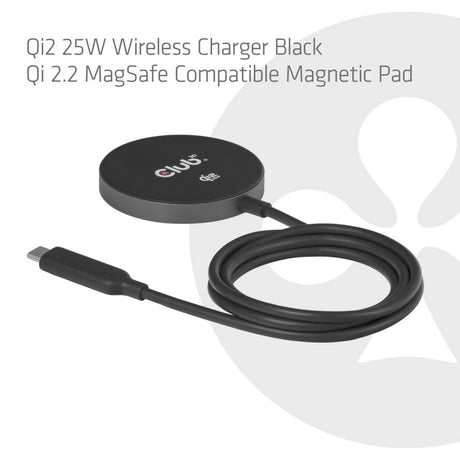 Club 3d cac-3027 qi2 25w draadloze oplader (zwart, 1x usb-c, qi-gecertificeerd, magsafe-compatibel, magnetisch pad)