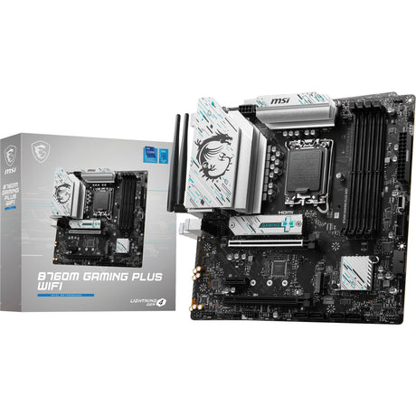 Płyta główna MSI B760M Gaming Plus WiFi Socket 1700 (czarno-srebrna, RAID, 2,5 GB LAN, Wi-Fi 6e, BT, dźwięk, µATX)