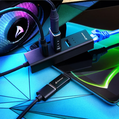 Sharkoon 3-portowy USB 3.2 gen 1 aluminiowy + stacja dokująca Gigabit LAN (czarna)