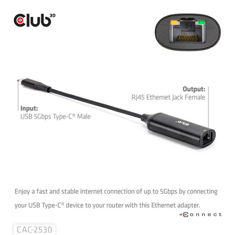 Adapter Club 3D USB-C na RJ45 5 Gb/s Ethernet M-F (czarny)