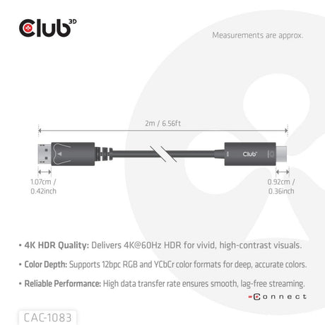 Adapter kablowy Club 3D DisplayPort 1.4 na HDMI 4K60 Hz (czarny, HDR M M 2 m)