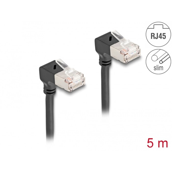 Delock Kabel sieciowy rj45 kat.6a s ftp slim 90° w dół, wygięty w dół, kabel 5 m (czarny)