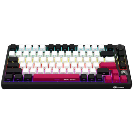 Mechaniczna klawiatura do gier Lorgar kbp7075w rgb (czarna, układ amerykański (qwerty), logar toksyczny fiolet, 75%, rgb, możliwość wymiany podczas pracy, podwójny strzał pbt, bluetooth | 2,4 GHz | usb)