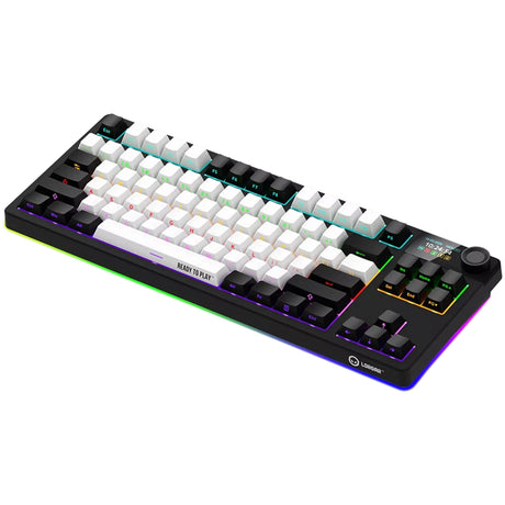 Mechaniczna klawiatura do gier Lorgar kbp70tklw rgb (czarna, układ amerykański (qwerty), logar toksyczny fioletowy, 80% (tkl), rgb, z możliwością wymiany podczas pracy, podwójny strzał pbt, bluetooth | 2,4 ghz | usb)