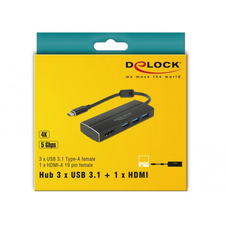 Delock USB-C 3.1 > 3x koncentrator USB-A 3.0 + koncentrator HDMI USB (czarny, 0,15 m, 4k)