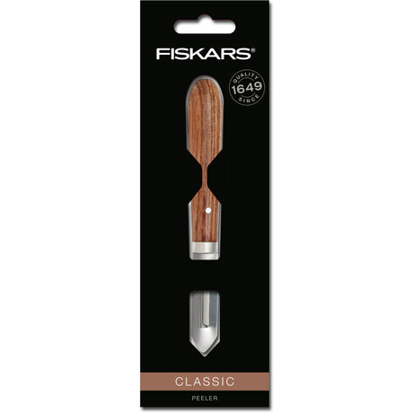Fiskars klasyczna obieraczka lewa 5 cm ostrze (kolor drewna, obieraczka | drewno sucupira z certyfikatem FSC | stal nierdzewna)