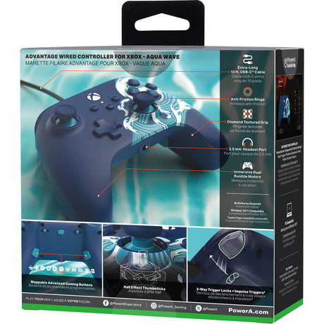 Kontroler Powera Advantage z kablem do serii Xbox x|s - fala wodna (błękitny, xbox series x|s, xbox one, PC)