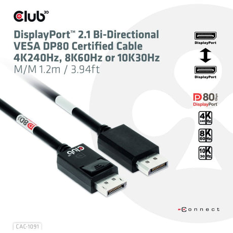 Kabel z certyfikatem Club 3D DisplayPort 2.1 Vesa DP80 męsko-męski (czarny, 1,2 m, 4K 240 Hz, 8K 60 Hz, 80 Gb/s)