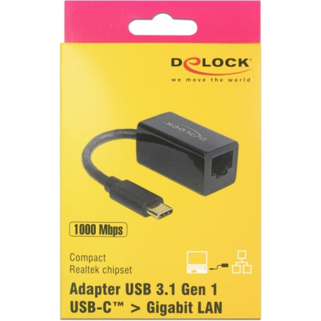 Delock superspeed USB-C (USB 3.1 gen 1) męski > kompaktowy adapter Gigabit LAN 10 100 1000 Mbps (czarny, 0,135 m)
