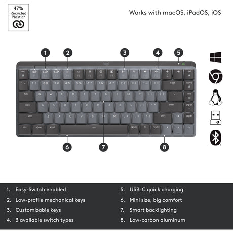 Mechaniczna mini klawiatura Logitech MX (czarna, układ międzynarodowy (QWERTY), dotykowa GL, 80% (TKL), Bluetooth)