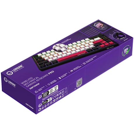 Mechaniczna klawiatura do gier Lorgar kbp70mw rgb (czarna, układ amerykański (qwerty), logar toksyczny fiolet, 65%, rgb, możliwość wymiany podczas pracy, podwójny strzał pbt, bluetooth | 2,4 GHz | usb)